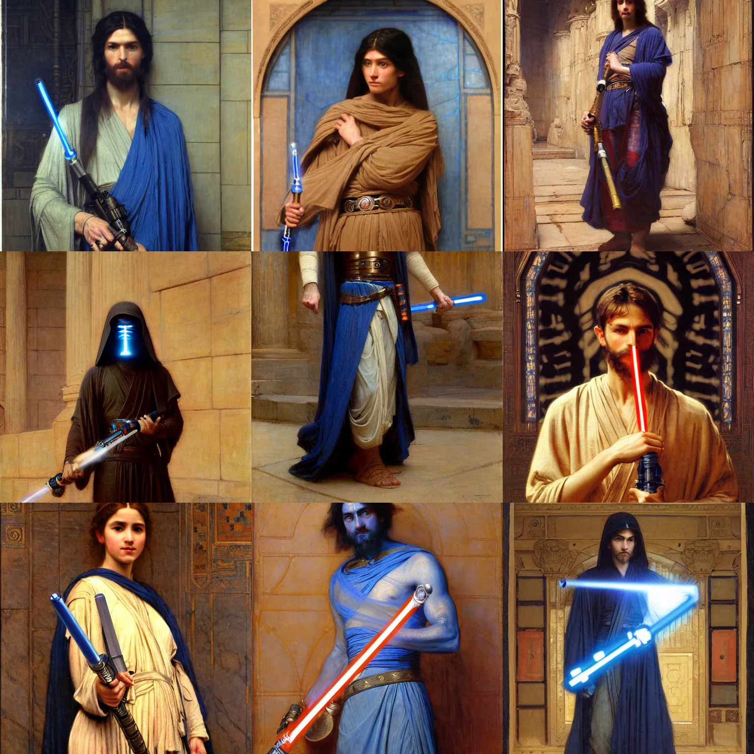 Prompt: orientalist portrait of a jedi holding a blue lightsaber standing in a sandstone room intricate portrait by john william waterhouse and Edwin Longsden Long and Theodore Ralli and Henryk Siemiradzki, very coherent symmetrical artwork. Cinematic, hyper realism, high detail 8k