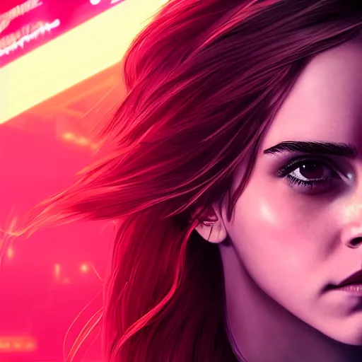 Image similar to Emma Watson, head and shoulders portrait, the background is a huge futuristic city, cyberpunk style futuristic neon lights, artstation cgsociety masterpiece highly-detailed