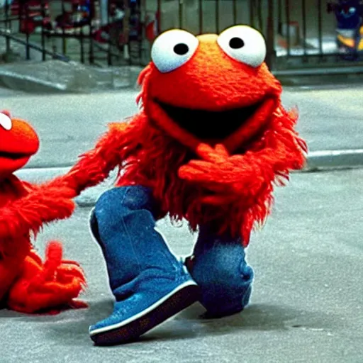 Image similar to elmo has a psychotic break and violently beats kermit to death