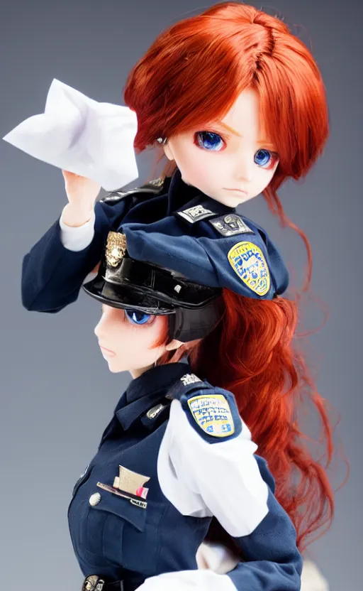 Image similar to dollfie in police uniform, red hair, blue eyes,