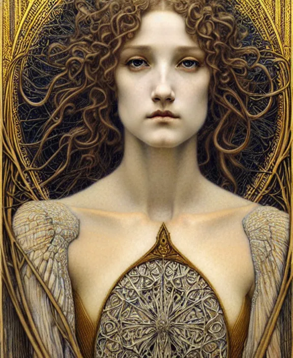 Image similar to detailed realistic beautiful young medieval queen face portrait by jean delville, gustave dore and marco mazzoni, art nouveau, symbolist, visionary, gothic, pre - raphaelite. horizontal symmetry