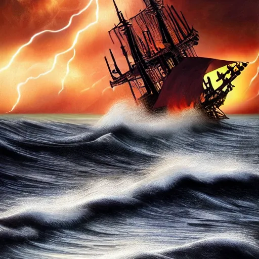 Image similar to burning ocean, storm, dramatic sky, waves, dark, flame, pirate sail ship, hyperrealistic, highly detailed, fractal,
