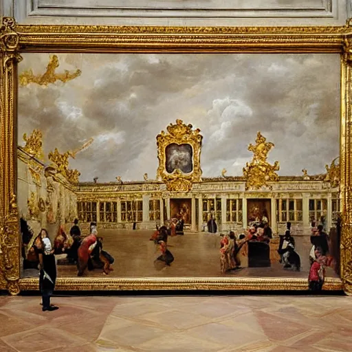 Prompt: fine art, oil on canvas baroque style 1 9 5 6 by diego velasquez. the main entrance of the palace of versailles in france.