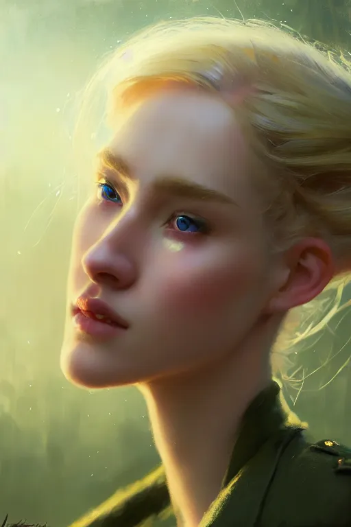 Image similar to cinematic shot of an epic portrait of a cute blonde fairy dressed in military clothes, stylised military clothes, shiny skin, beautiful eyes, beautiful, small details, night setting, realistic poster with volumetric light from jeremy lipkin and michael garmash, craig mallism, artgerm, unreal engine, radiant light, digital art, trends at art station, a masterpiece