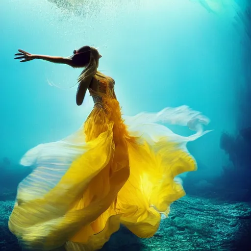 Image similar to woman dancing underwater wearing a flowing dress made of many translucent layers of blue, magenta, and yellow lace seaweed, delicate coral sea bottom, swirling silver fish, swirling smoke shapes, unreal engine, caustics lighting from above, cinematic, hyperdetailed