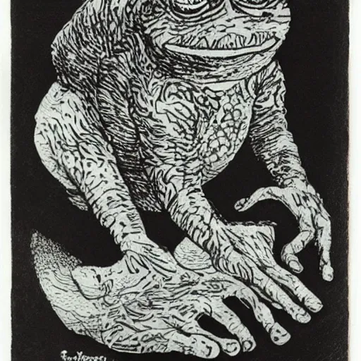 Image similar to julenisse, lavenisse, pepe the frog, by theodor severin kittelsen, kjell aukrust, ink drawing, dip pen