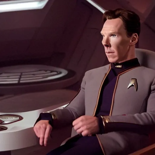 Prompt: movie film still of Benedict Cumberbatch as Captain Picard sitting the captain's chair on the bridge of the Enterprise, in a new Star Trek The Next Generation movie, cinematic