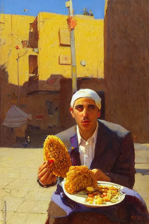 Image similar to portrait of an israeli man eating a falafel in tel aviv, victor Nizovtsev