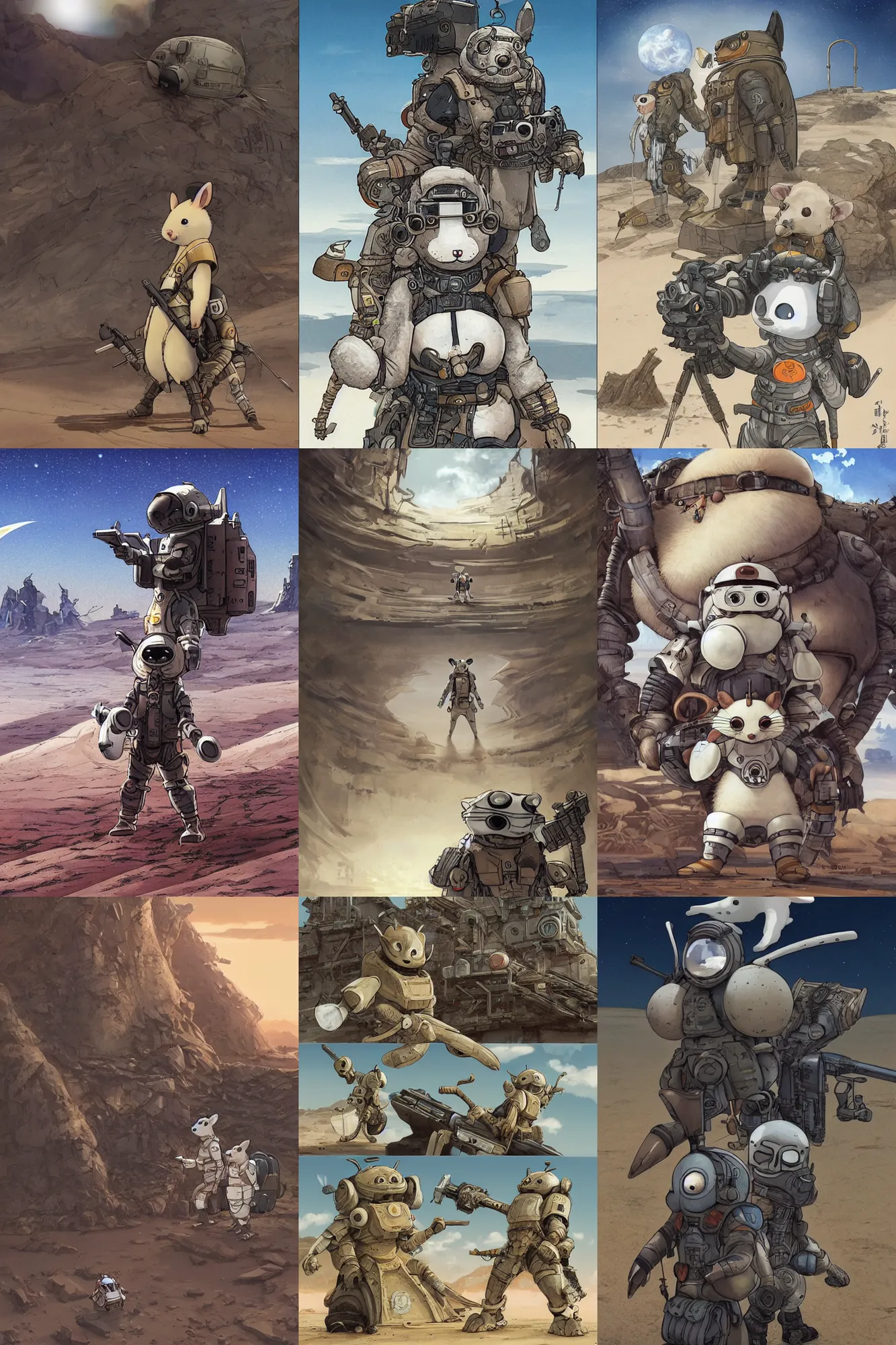 Prompt: anthropomorphic rodent with white and black ancestral ornate japanese tactical gear on an abandonment desert planet, long shot, rule of thirds, golden ratio, graphic novel by fiona staples and dustin nguyen, by beaststars and orange, peter elson, alan bean, studio ghibli, makoto shinkai