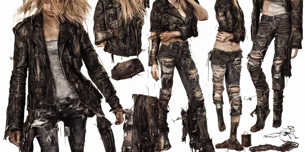 Prompt: samara weaving as a wanderer with tattooed arms and legs wearing a scratched leather and ripped aviator leather jeans, wearing a short black jacket with rusty medals on it, character sheet, head details, props, concept design, contrast, kim jung gi, greg rutkowski, trending on artstation, full body, turnaround, ultra wide angle, pincushion lens effect