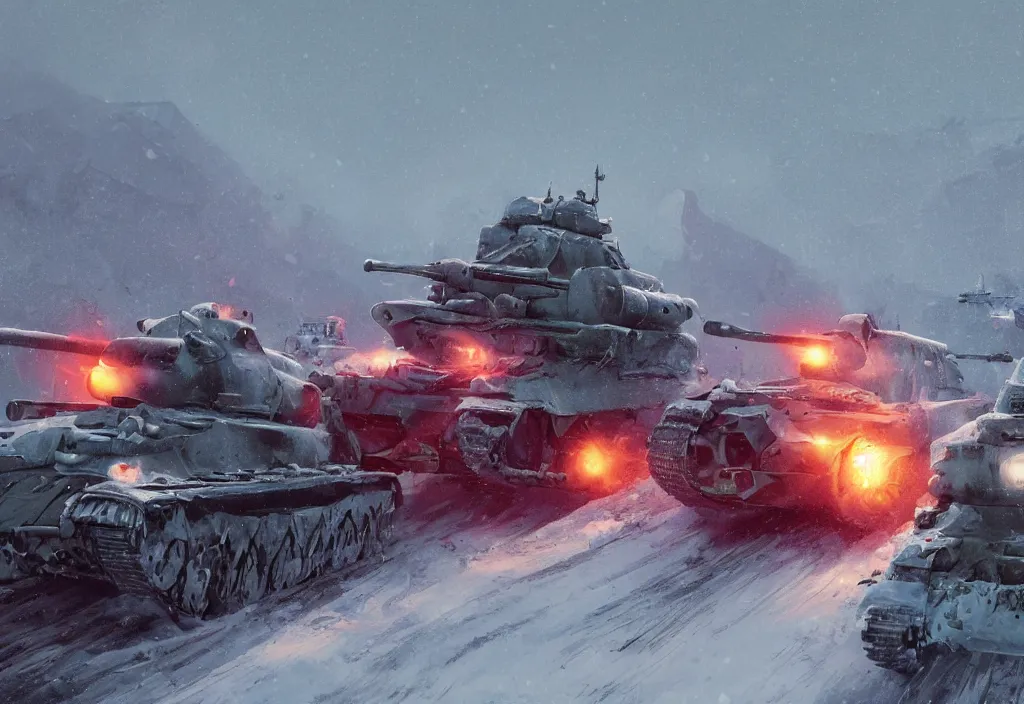 Prompt: an epic battle at the snow between german and soviet war tanks at WWII, dynamic composition, cinematic lighting, snow storm, warm and vibrant colors, art by Goro Fujita and Simon Stalenhag , 8k, trending on artstation, hyper detailed, cinematic