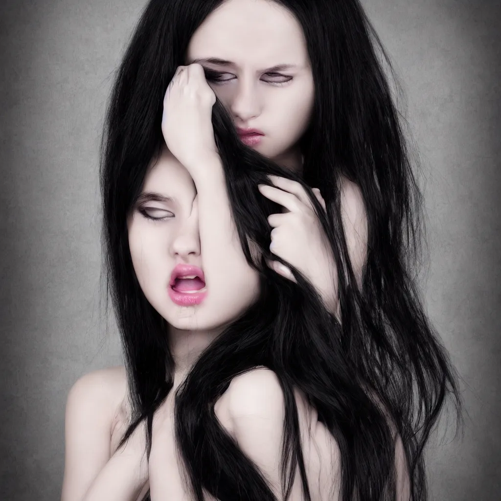 Image similar to A 20 years old Paludnitsa crying. Long black hair, perfect face, beautiful dark eyes, white dress, menacing, smooth, sharp focus, vivid colors, highly detailed, digital art, 4k, medium shot.