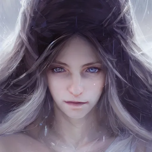 Image similar to a portrait of a beautiful hopeful lady with pretty eyes, beautiful eyes, beautiful eyes, beautiful eyes, highly detailed eyes, looking up, looking up, light smiling, art of wlop and greg rutkowski, intricate, high details, eyes, epic fantasy art, cgsociety, trending on artstation, bright light masterpiece, ray of light through white hair