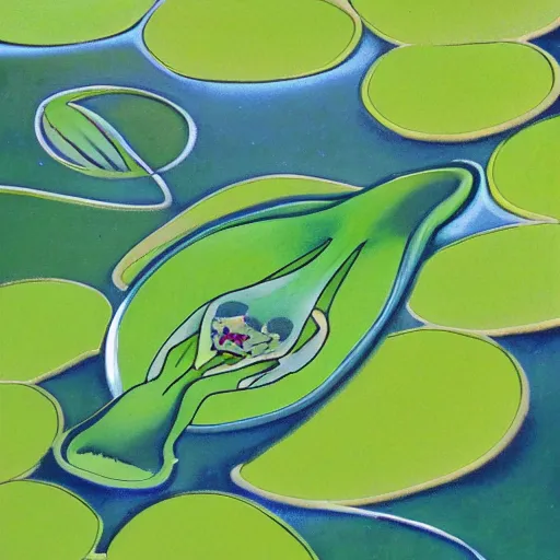 Image similar to art nouveau tadpole in clean water with lilly pads