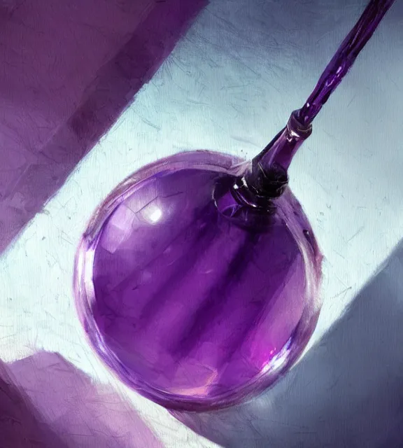 Image similar to a closeup of a purple potion in a round bottle on a messy desk. by makoto shinkai, stanley artgerm lau, wlop, rossdraws, james jean, andrei riabovitchev, marc simonetti, krenz cushart, sakimichan, d & d trending on artstation, digital art