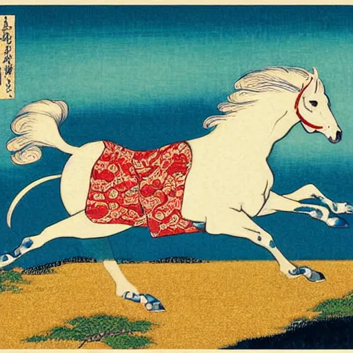 Image similar to A beautiful digital art of a horse. The horse is shown running through a field with a flowing mane and tail. The background is a peaceful blue sky. rendered in povray by Kawanabe Kyōsai unified, gloomy