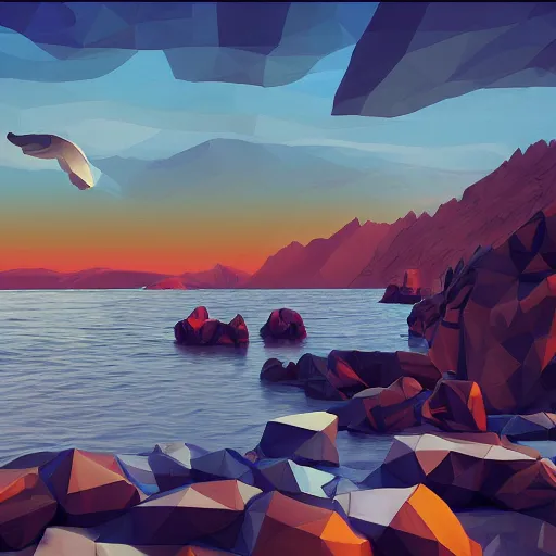 Image similar to super detailed color lowpoly art, northern sunset with rocks on front, monochrome photorealistic bay in the middle of perspective and mountains at background, big graphic seiner ship, unreal engine, high contrast color palette, 3 d render, lowpoly, colorful, digital art, perspective, full volume composition, robb cobb, syd mead