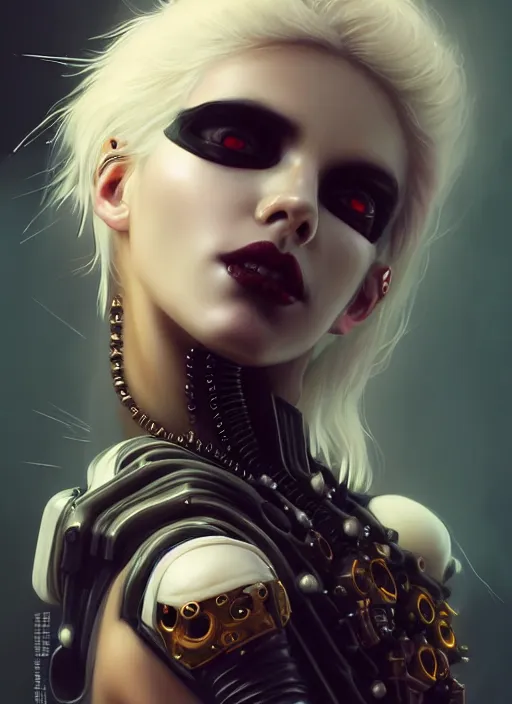 Image similar to soft lustrous seductive ivory ebony dark gutter punk gothic cyborg, golden ratio, flowerpunk, details, scifi, fantasy, cyberpunk, intricate, decadent, highly detailed, digital painting, octane render, artstation, concept art, smooth, sharp focus, illustration, art by artgerm, loish, wlop