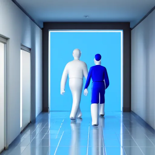 Prompt: generic people figures entering a hospital shaped like a plus sign, plastic materials, blue tones, 3 d, redshift, hydri, subsurface scattering, cgi, high quality render