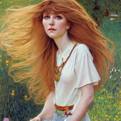 Image similar to A young woman with blonde long hair and bangs in shorts and white shirt drawn by Donato Giancola and Robert McGinnis and Julie Bell and Zeronis and alphonse mucha, background by James Jean and gustav klimt, 4k, sunny day, volumetric lighting, french nouveau, trending on artstation, octane render, hyperrealistic