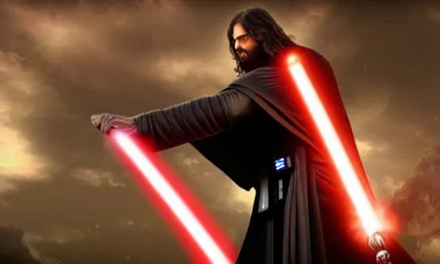 Prompt: jesus christ defeating darth vader, using his cross as weapon, photorealistic, cinematic lighting, extremely detailed