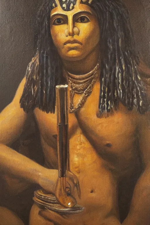 Prompt: portrait of Horus sitting at a table, oil painting by wilson mclean, sharp focus, masterpiece, highly detailed