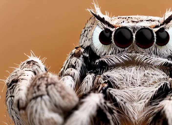 Image similar to jumping spider mixed with owl, highly detailed, macro lens,