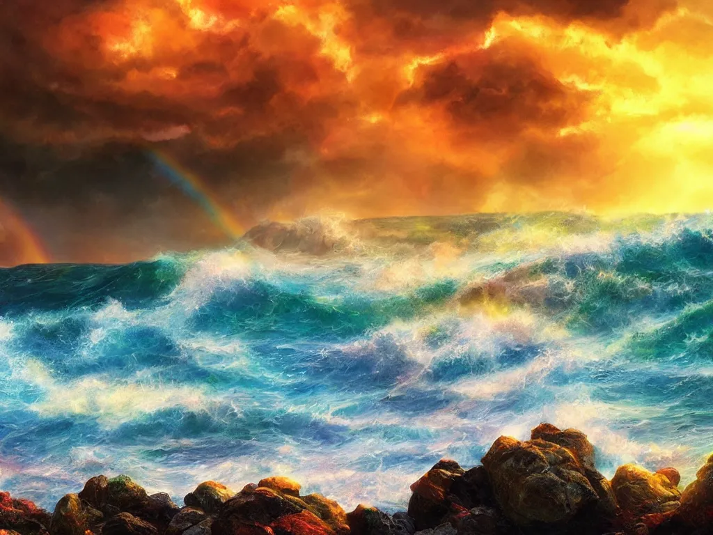 Prompt: Warm rainbow sunny colored stormy waves on beach rocks, avatar, sunny rainbow galaxy stormy sea, cinematic, sunset, hyper-realistic, high resolution, concept art, artstation