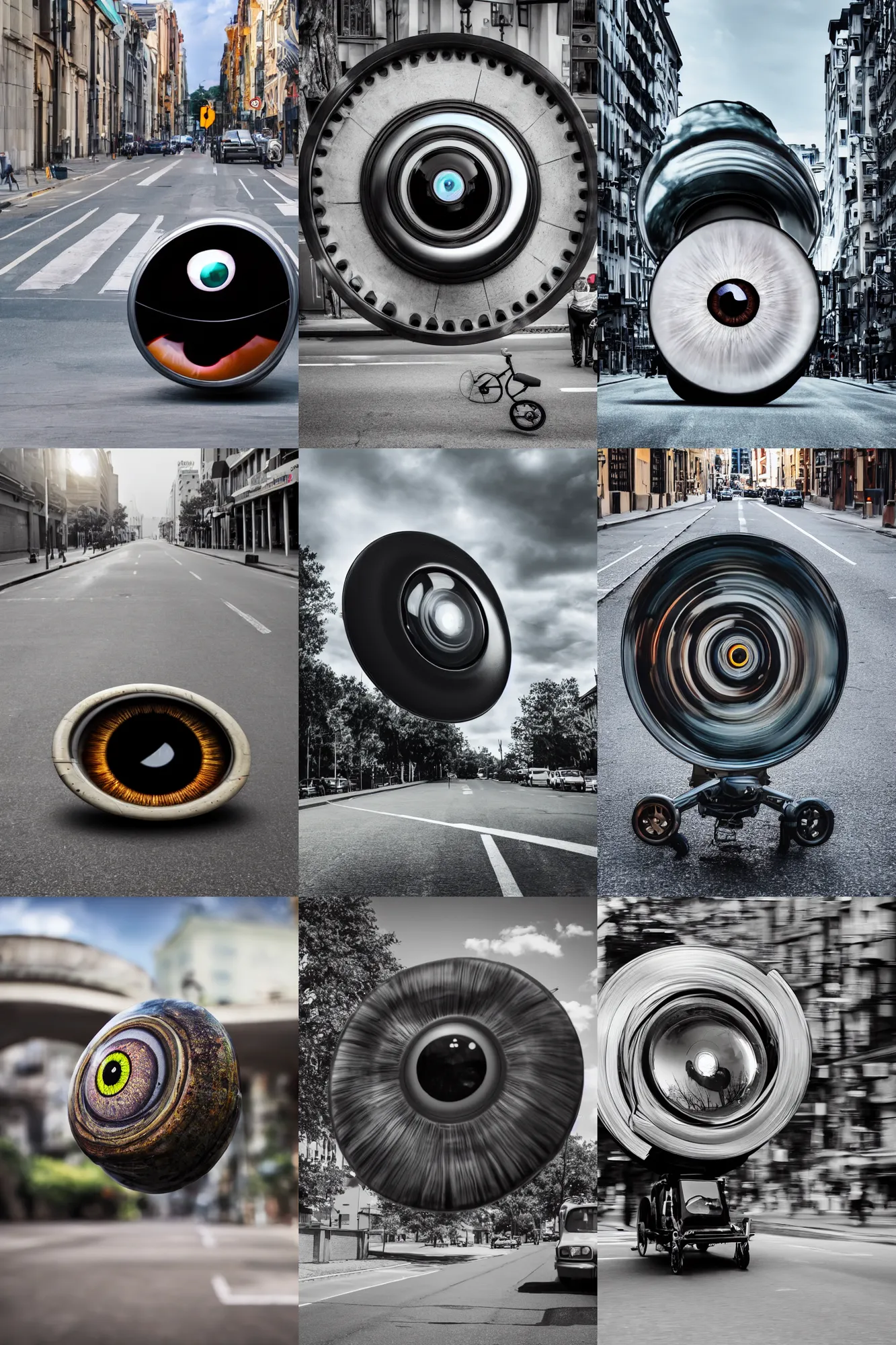 Prompt: photo of a giant eye with wheels rolling down the street, 4 k, high quality