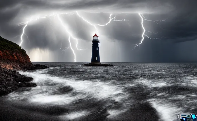 Prompt: a dramatic lighthouse photo with a thunderstorm by ryan dyar, highly detailed, 8 k