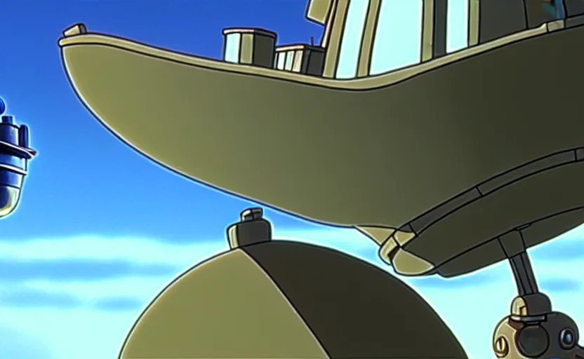 Image similar to a cell - shaded cartoon movie still from howl's moving castle ( 2 0 0 4 ) of a chrome ufo. very dull muted colors, hd, 4 k, hq