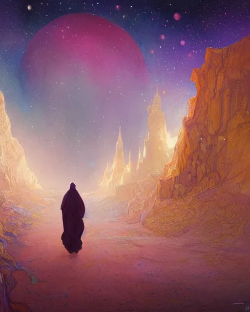 Image similar to bedouin in galaxy walking towards mosque surrounded by nebula, highly detailed, gold filigree, romantic storybook fantasy, soft cinematic lighting, award, disney concept art watercolor illustration by mandy jurgens and alphonse mucha and alena aenami, pastel color palette, featured on artstation