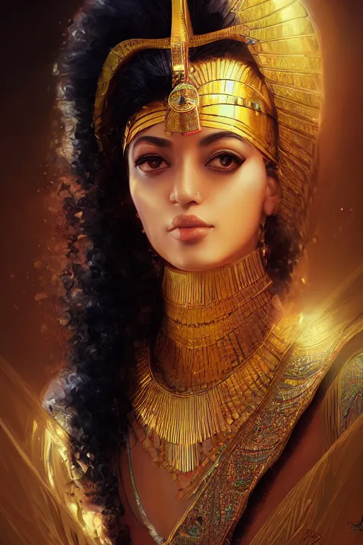 Image similar to Saba Mubarak as egyptian princess, gorgeous, portrait, powerful, intricate, beautiful, masterpiece, elegant, volumetric lighting, digital painting, highly detailed, artstation, sharp focus, illustration, Hajime sorayama, ruan jia