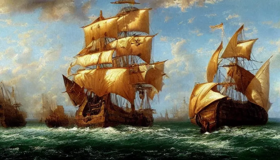 Image similar to a large flying pirate airship, 1 8 th century, painting by edward moran, beautiful, highly detailed