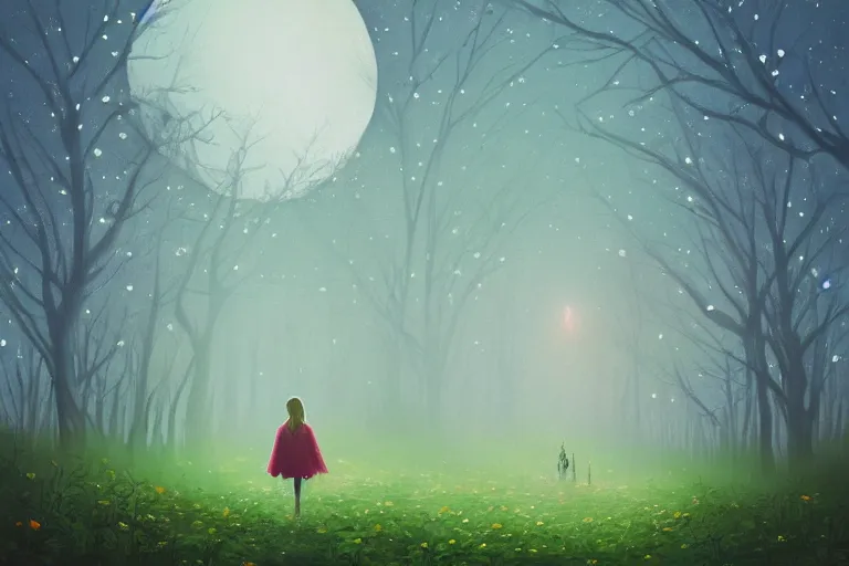 Image similar to giant bunch of daisy flowers head, girl walking in dark forest, surreal photography, dark night, stars, moon light, impressionist painting, clouds, digital painting, artstation, simon stalenhag