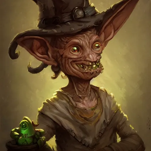 Image similar to a cute goblin with a hooked nose, scheming, tattered ears, well dressed, dnd character art portrait, matte fantasy painting, deviantart artstation, by jason felix by steve argyle by tyler jacobson by peter mohrbacher by paul hedley, cinema