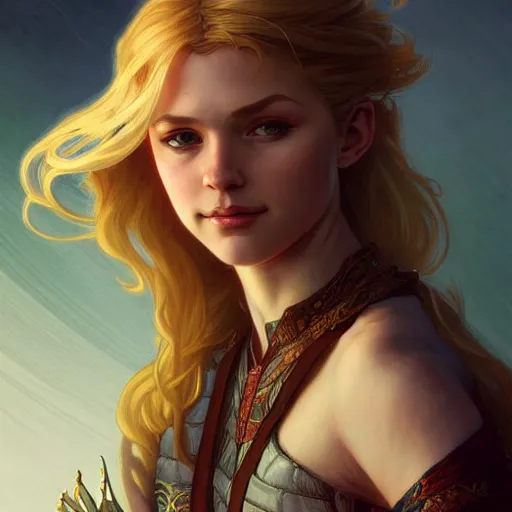 Prompt: an epic fantasy comic book style portrait painting of a young blonde girl thief, d & d, fantasy, joyful smirk, intricate, elegant, digital painting, artstation, extremely detailed, concept art, matte, sharp focus, illustration, art by artgerm and greg rutkowski and alphonse mucha