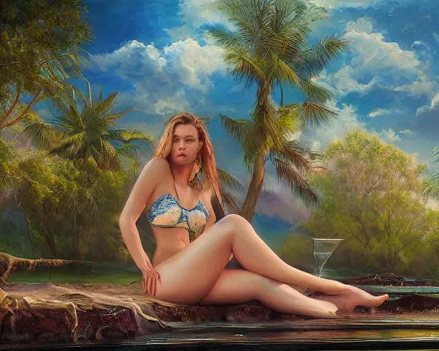 Image similar to portrait of scarlett johannson wearing a bikini at a park, an oil painting by ross tran and thomas kincade