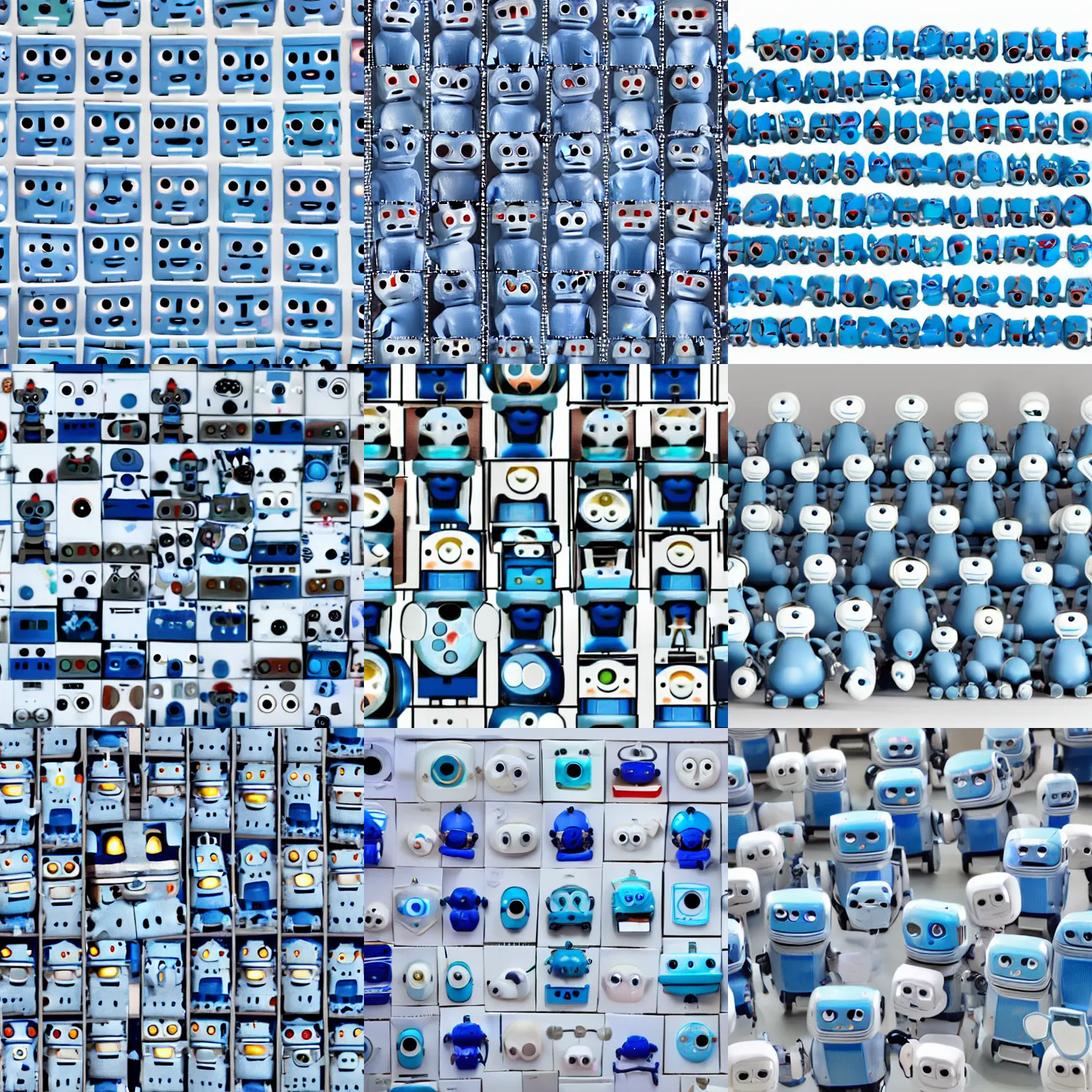 Prompt: 12 small blue robots with cute smiling faces and bright white eyes looking at the camera. The robots are arranged in a grid