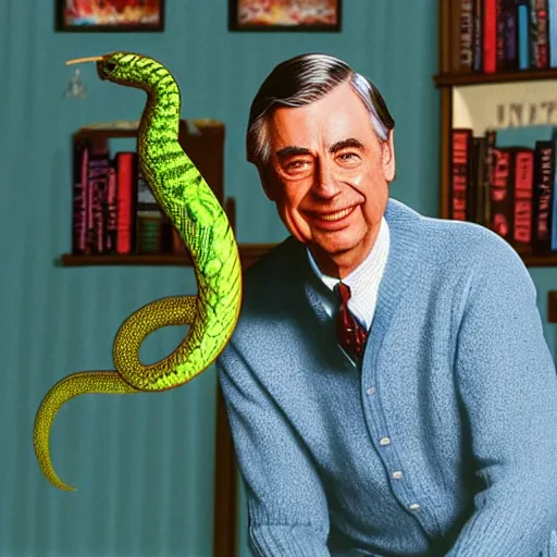 Prompt: Mr Rogers as a reptilian, he has a snake tongue, rendered in unreal engine