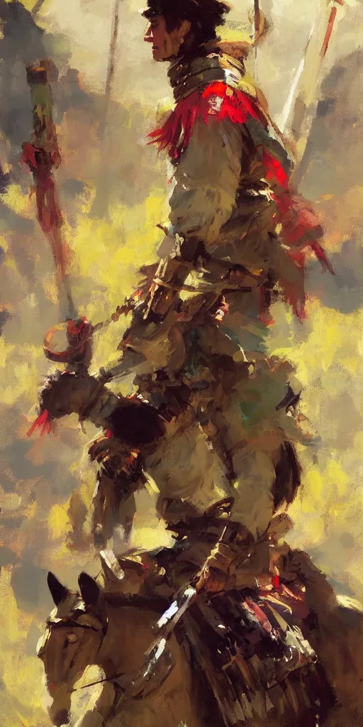 Image similar to portrait of colorful rider holding jousting lance, caparisons, chainmail, by greg manchess, bernie fuchs, ruan jia, walter everett