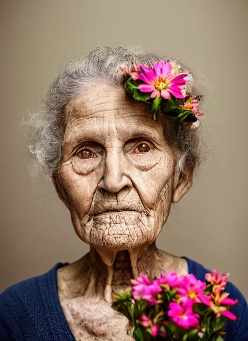 Prompt: portrait of a 1 0 0 year old woman, symmetrical face, flowers in her hair, she has the beautiful calm face of her mother, slightly smiling, ambient light