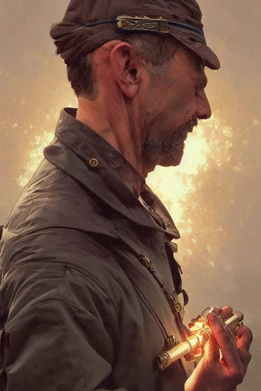 Image similar to a middle aged man as an artillery shell, realistic painting, symmetrical, highly detailed, digital painting, artstation, concept art, smooth, sharp focus, illustration, cinematic lighting, art by artgerm and greg rutkowski and alphonse mucha