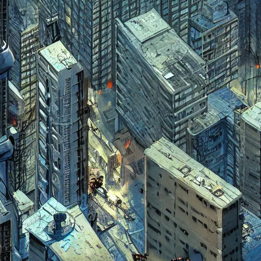 Image similar to Post-apocalyptic Cybercity. Aerial view. Isometric. detailed textured illustration by Moebius and Marc Simonetti. cluttered building apartments, electrical wires madness, grainy textures Vray, Depth of field