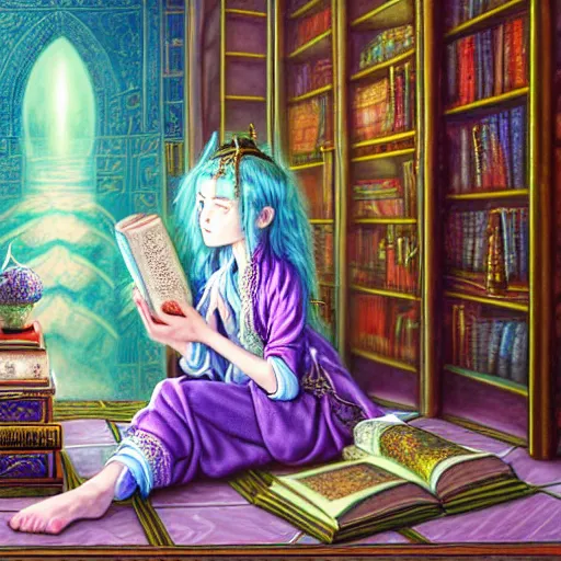 Image similar to a highly detailed fantasy pastel painting of a young wizard in ornate clothing lounging on a purpur pillow on the marble floor in front of her bookcase, studying an ancient tome. to the side is a potted plant and some blue candles. ancient oriental retrofuturistic setting. 4 k key art in the style yoshitaka amano and mark tedin