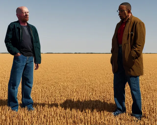 Prompt: extreme long shot of walter white and gustavo fring standing in front of each other from a distance in a wheat field, low angle, side view, 8 5 mm photograph, 8 k resolution, wide shot, sharp lens