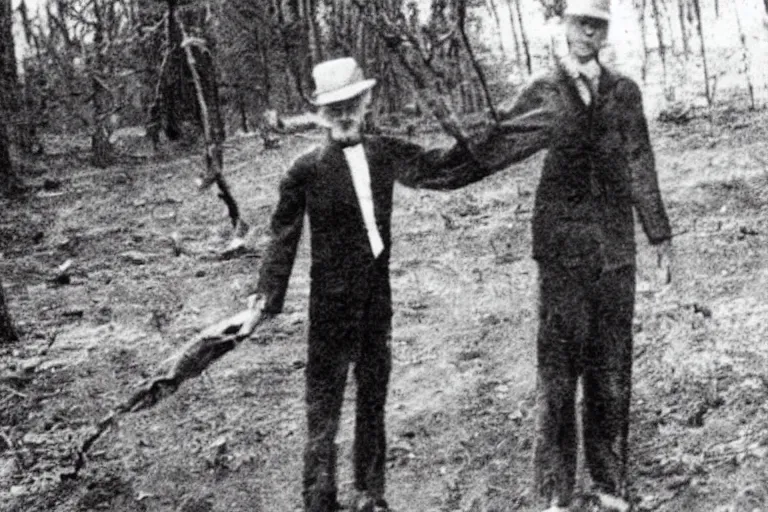 Prompt: an very old photo of slenderman grabbing a dead body