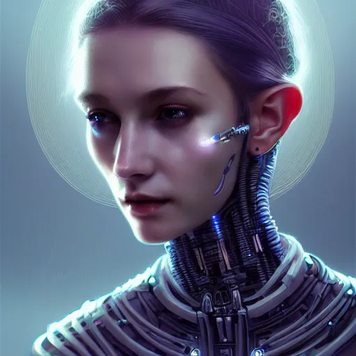 Image similar to cyberpunk robotic elvish queen, diadem on the head, extremely detailed, hyperrealistic, intricate, soft light, fantasy, digital painting, art station, perfect faces, fine details, by wlop