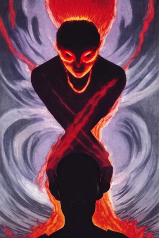 Image similar to Woman made of black flames, wearing a strict business suit, with no face, with glowing red eyes, with a red halo over her head, by Annie Swynnerton and Nicholas Roerich, madness combat, strong dramatic cinematic lighting , blood red sky, grey skin, smooth, sharp focus, extremely detailed