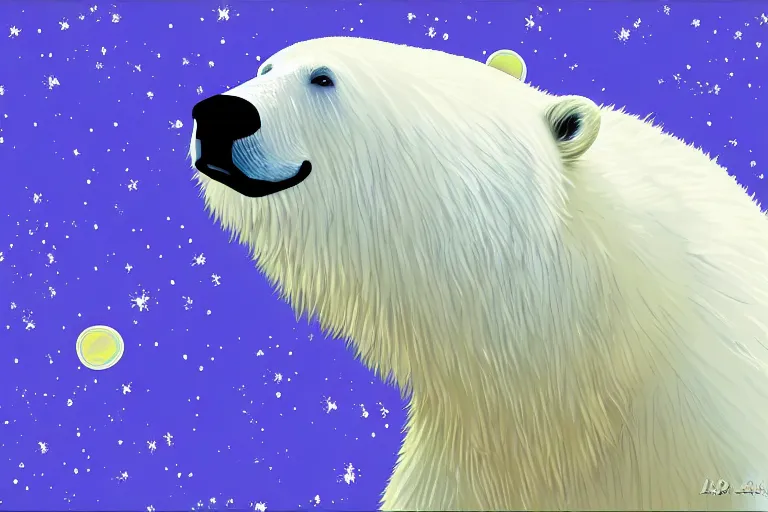 Image similar to a relaxed polar bear looking to the sky by lisa frank, digital art,